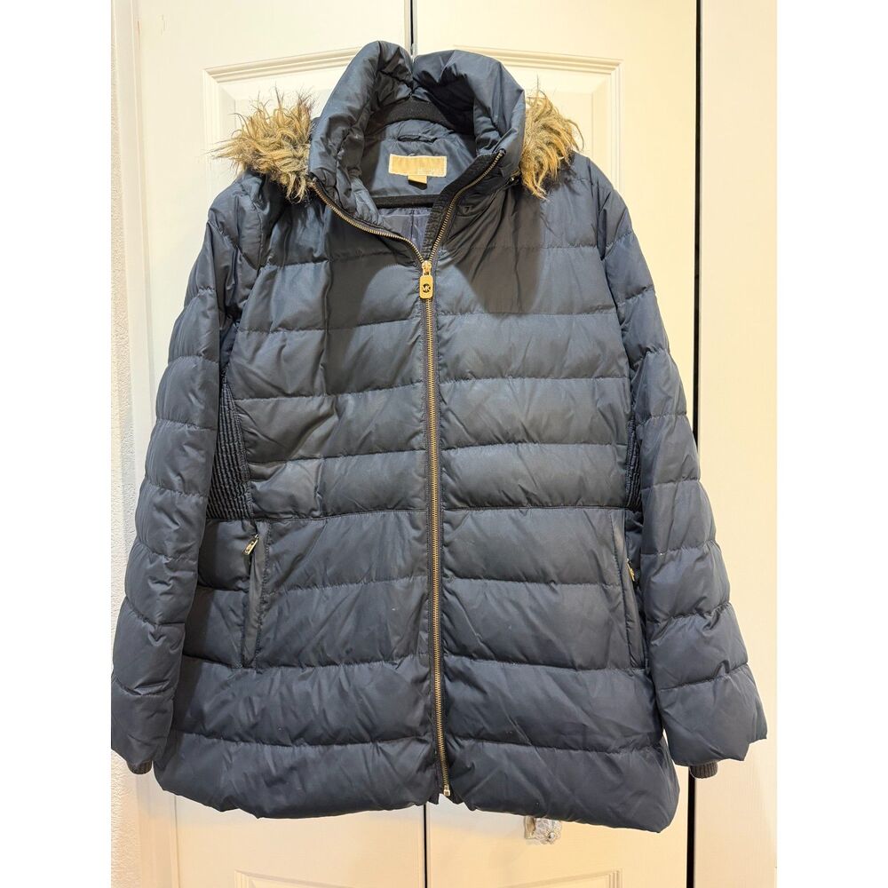 Michael Kors Navy Quilted Puffer Coat Faux Fur Hood Size 2X